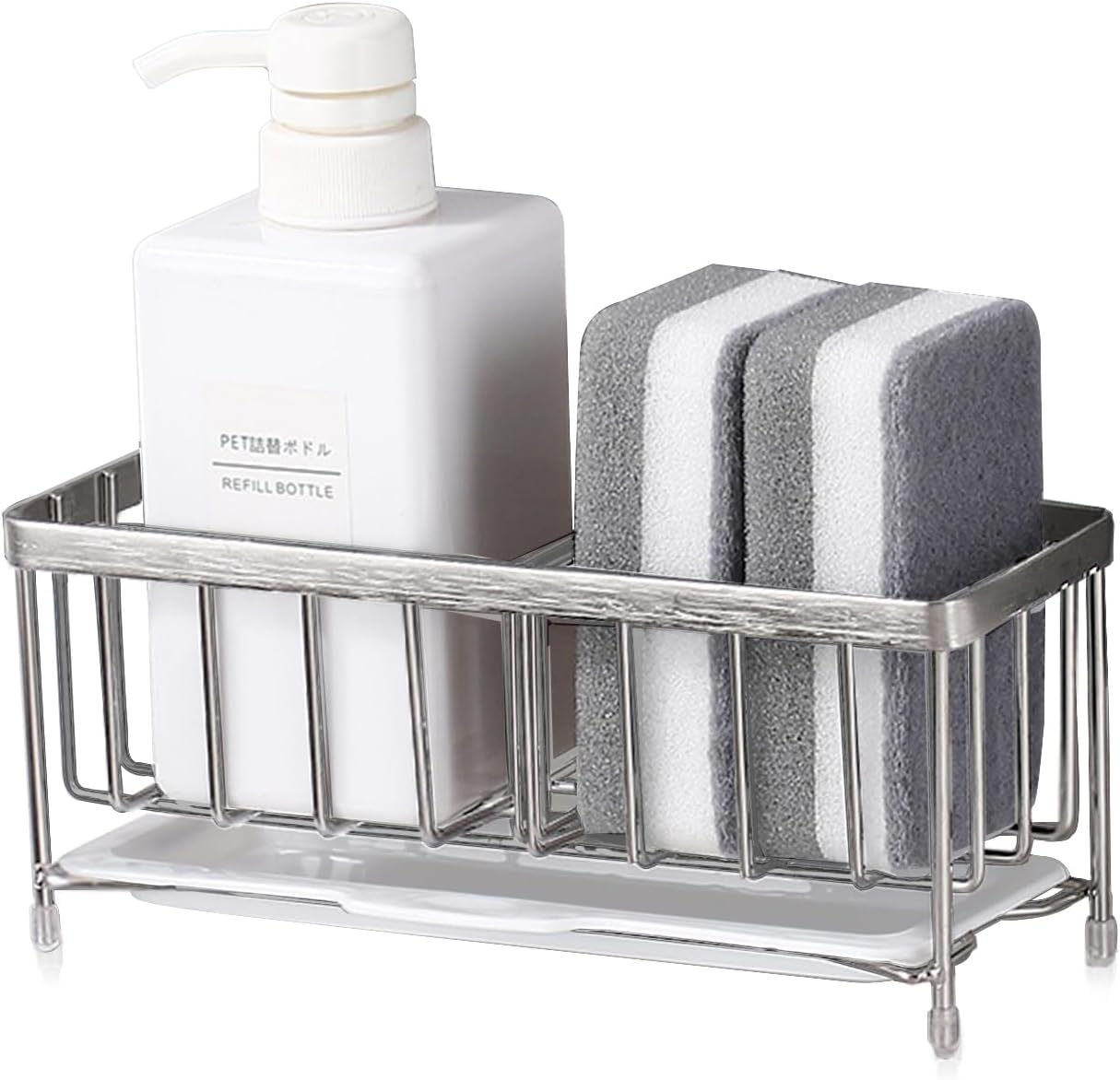 Kavciva Sink Caddy Sponge Holder,304 Stainless Steel Dish Brush Holder,Kitchen Countertop Sink Rack,Dish Soap Holder,Dishwashing Tool Drying Tray with Adjustable Partitions,Essential Kitchen Shelves
