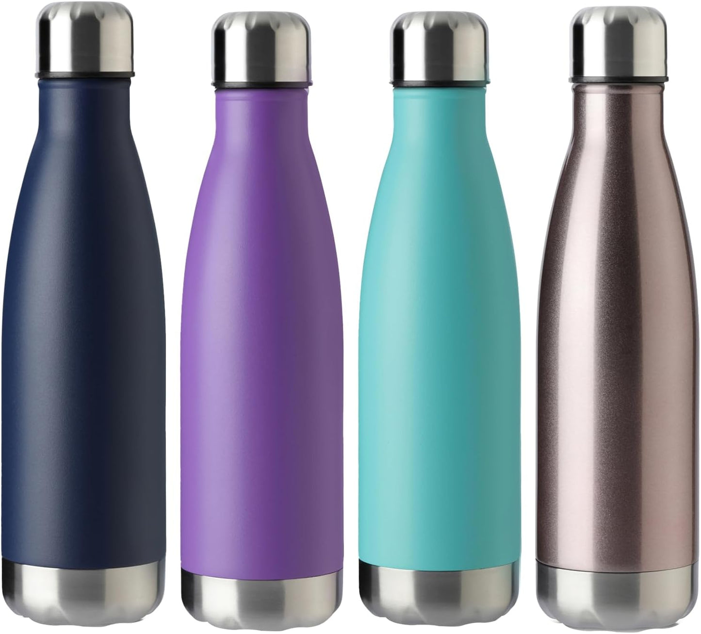 MEWAY 17oz Sport Water Bottle 4 Pack Vacuum Insulated Stainless Steel Leak-Proof Double Wall Cola Shape Water Bottle (Purple/Light Blue/Navy/Rose Gold, 4 Pack)