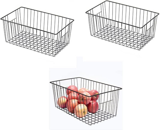 16inch Freezer Wire Storage Organizer Baskets, Household Refrigerator Bins with Built-in Handles for Cabinet, Pantry, Closet, Bedroom
