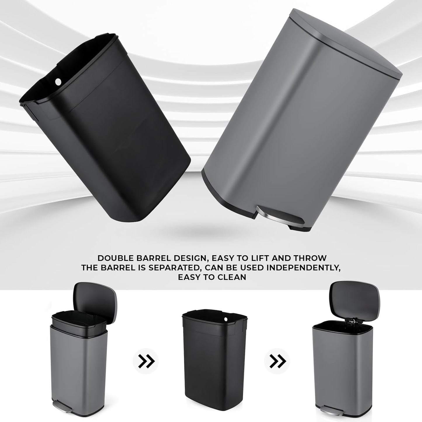 8 Gal Kitchen Trash Can, 30L Recycling or Garbage Bin, Brushed Stainless Steel Waste Basket, Soft&Quiet Close Dustbin, with Step-On Pedal, Removable Inner Bucket, for Home, Office, Living Room