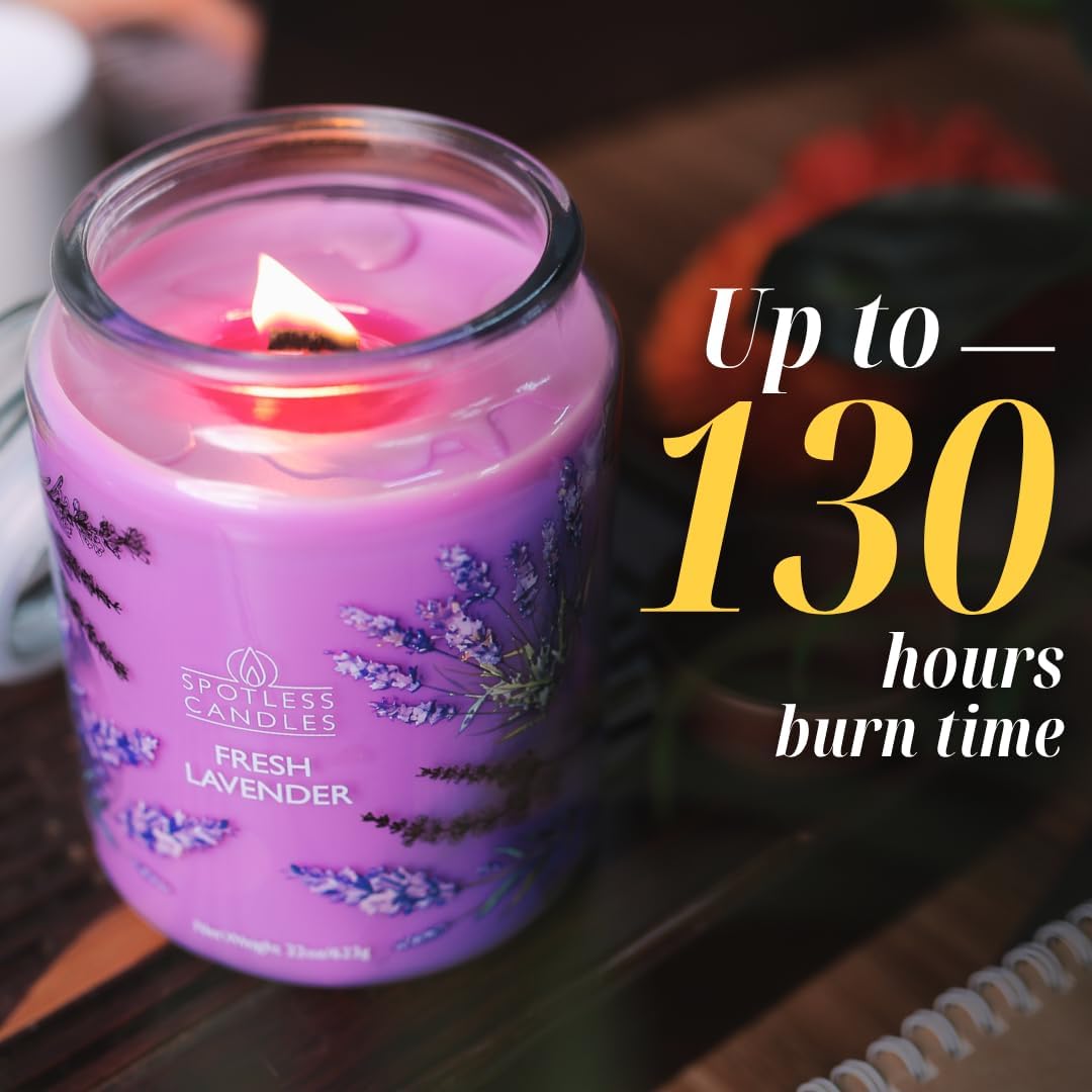 Fresh Lavender Candle 22oz Glass Jar with Wooden Wick in a Decorated Jar Within a Presentation Gift Box and Protective Shipping Box
