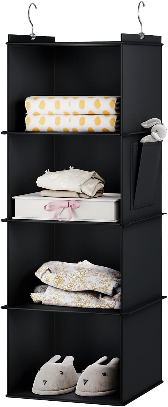 YOUDENOVA Hanging Closet Organizer, 4-Shelf Closet Hanging Storage Shelves, Black