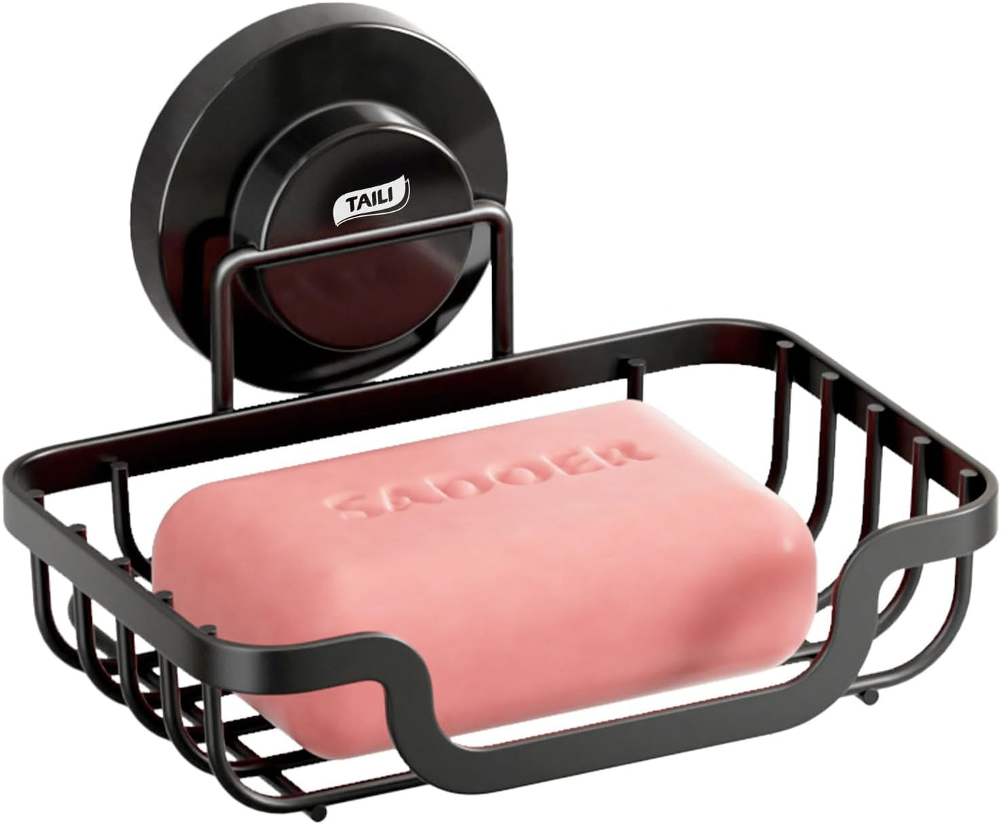 TAILI Soap Holder Bar Dish Suction Cup, Bar Shampoo Rack for Shower Wall, Draining Soap Saver Tray for Bathroom, Rustproof Stainless Steel Sponge Holder for Tub, Kitchen, Drill-Free, Black