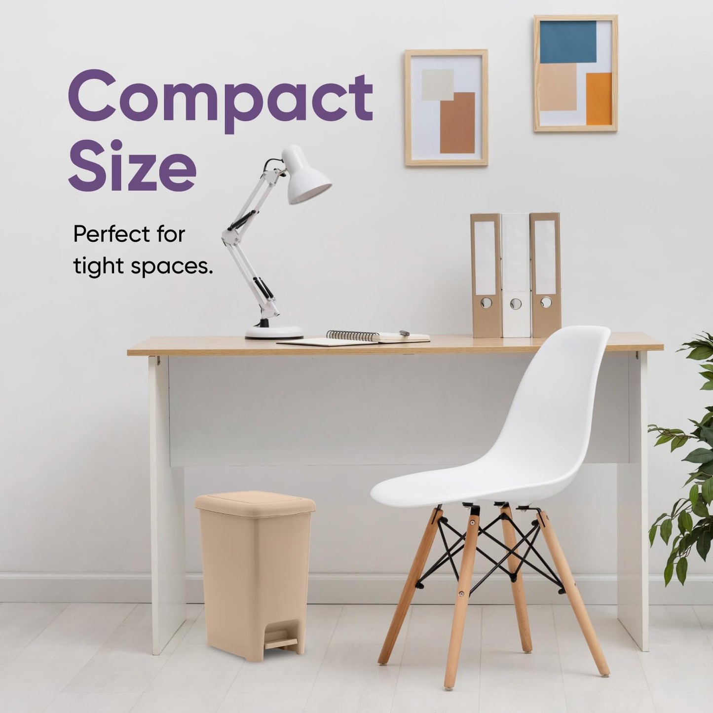 Superio 2.5 Gal Slim Step On Pedal Plastic Trash Can, Waste Bin for Under Desk, Office, Bedroom, Bathroom- 10 Qt, Beige