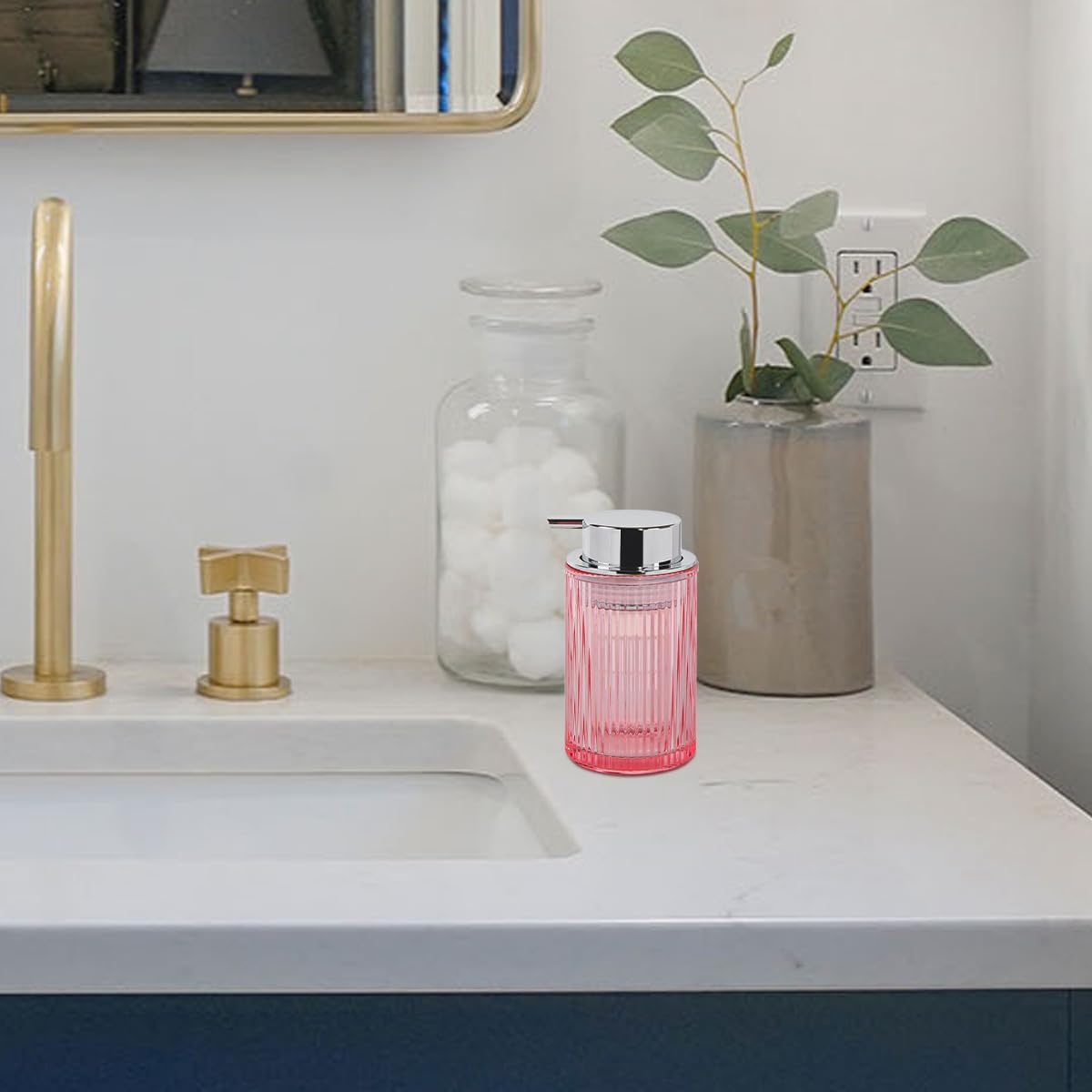 Pink Foaming Soap Dispenser, 12 Oz Glass Foaming Hand Soap Dispenser with Silver Pump, Bathroom Refillable Liquid Lotion Container Pump Ribbed Bottle for Kitchen Bathroom Decor, 1pc