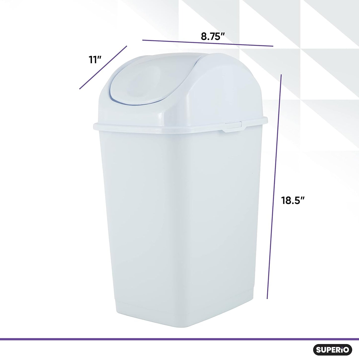 Superio Medium Trash Can with Lid 4.5 Gallon Plastic Swing Top Garbage Can Slim Waste Bin for Under Sink/Cabinet, Laundry Room, Kitchen, Office, Bedroom, Bathroom, College Dorm, 18 Qt, White, 2