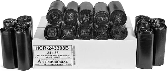 Aluf Plastics 12-16 Gallon Black Trash Bags (1000 Count) - 24" x 33" - 8 Micron Equivalent High Density Value Garbage Bags for Bathroom,Recycling(1 Pallet of 100 Cases, 100000 Bags Total)