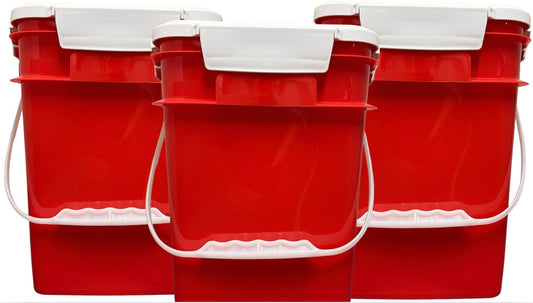 House Naturals 4 Gallon Square Food Grade Bucket Pail with Plastic Handles and Lid (Pack of 3) Made in USA containers (RED-White Lids)