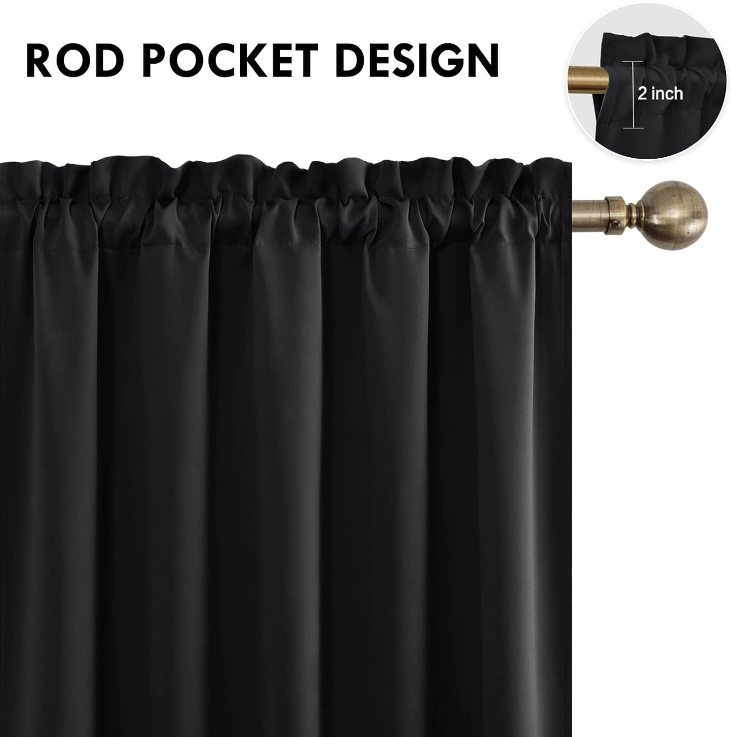 DWCN Blackout Curtains for Living Room Thermal Insulated, Energy Saving & Noise Reducing Bedroom Curtains, Black, W 70x L 63 Inch, Set of 2 Rod Pocket Curtain Panels