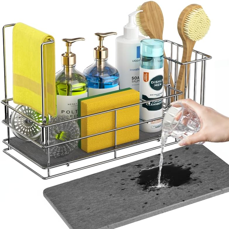 Yofidra Sponge Holder for Kitchen Organizer: Sink Caddy with Instant Drying Stone, Metal Stainless Steel, 9.4" X 4.7" X 7"4 Home Decor Storage and Organization Accessories