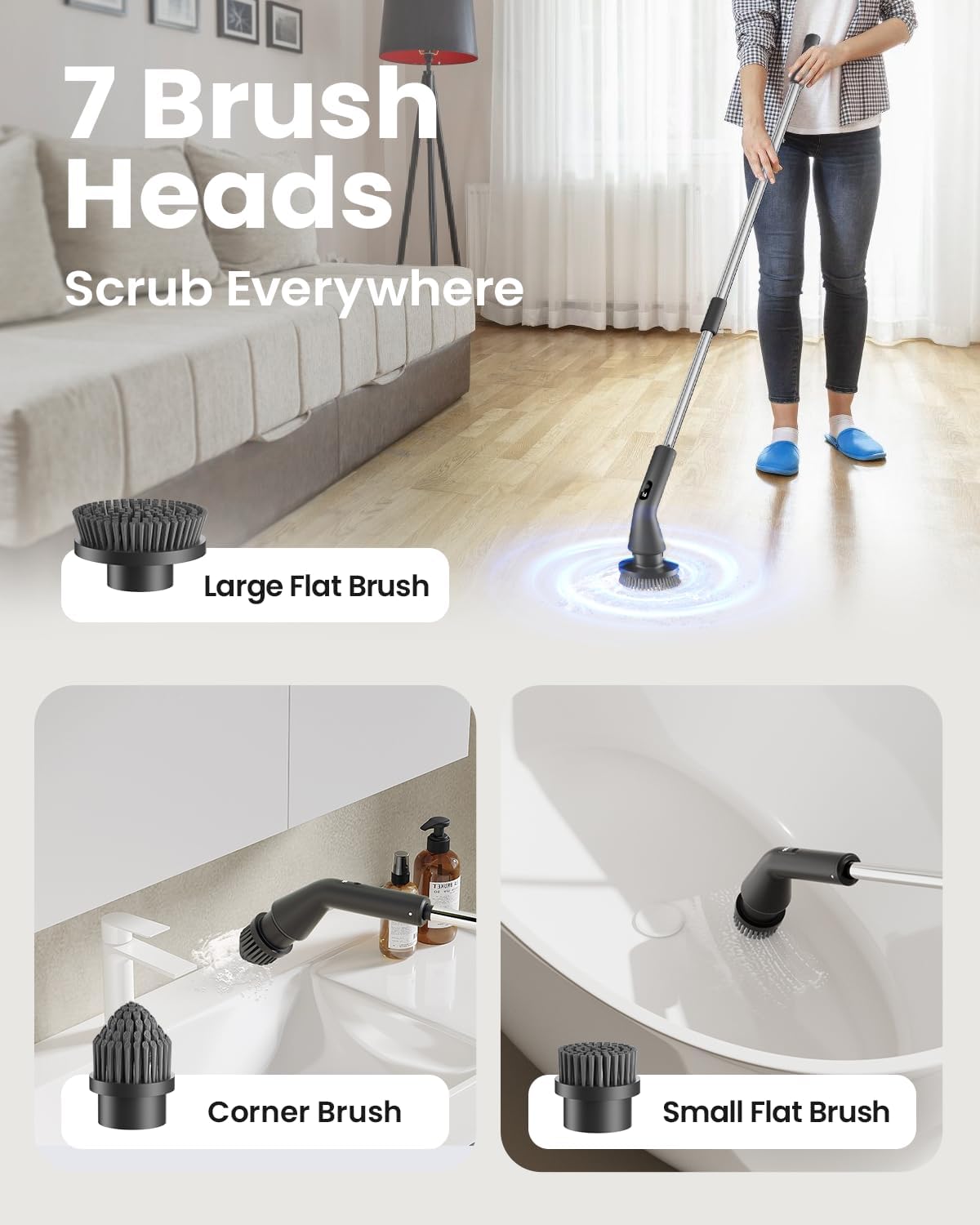 Electric Spin Scrubber, 2025 New Cordless Cleaning Brush for Home, IPX7 Waterproof Spin Scrubber with 7 Brush Heads, Adjustable Long Handle and 2 Rotating Speeds for Bathroom Tub Floor