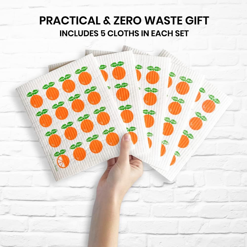 Nordhus Design Swedish Dishcloths, 5 Pack Oranges, Made in Sweden - Reusable, Washable Cellulose Cotton Kitchen Cloths - Replace Paper Towels, Wipes, Sponges, Dish Rags