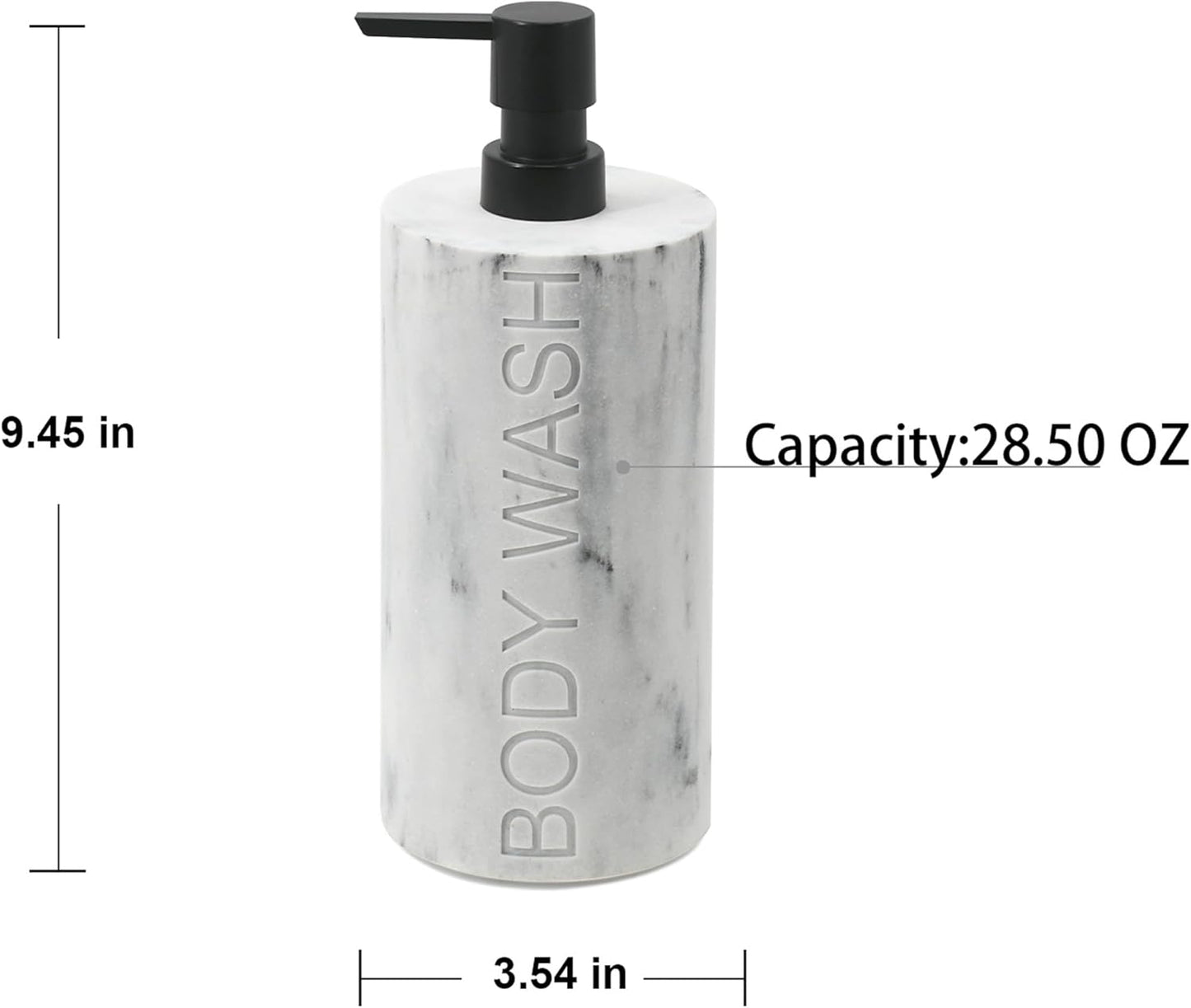 White Body Wash Dispenser Luxurious Refillable Pump Bottle with Embossed Text, Durable Construction for Bathroom and Kitchen