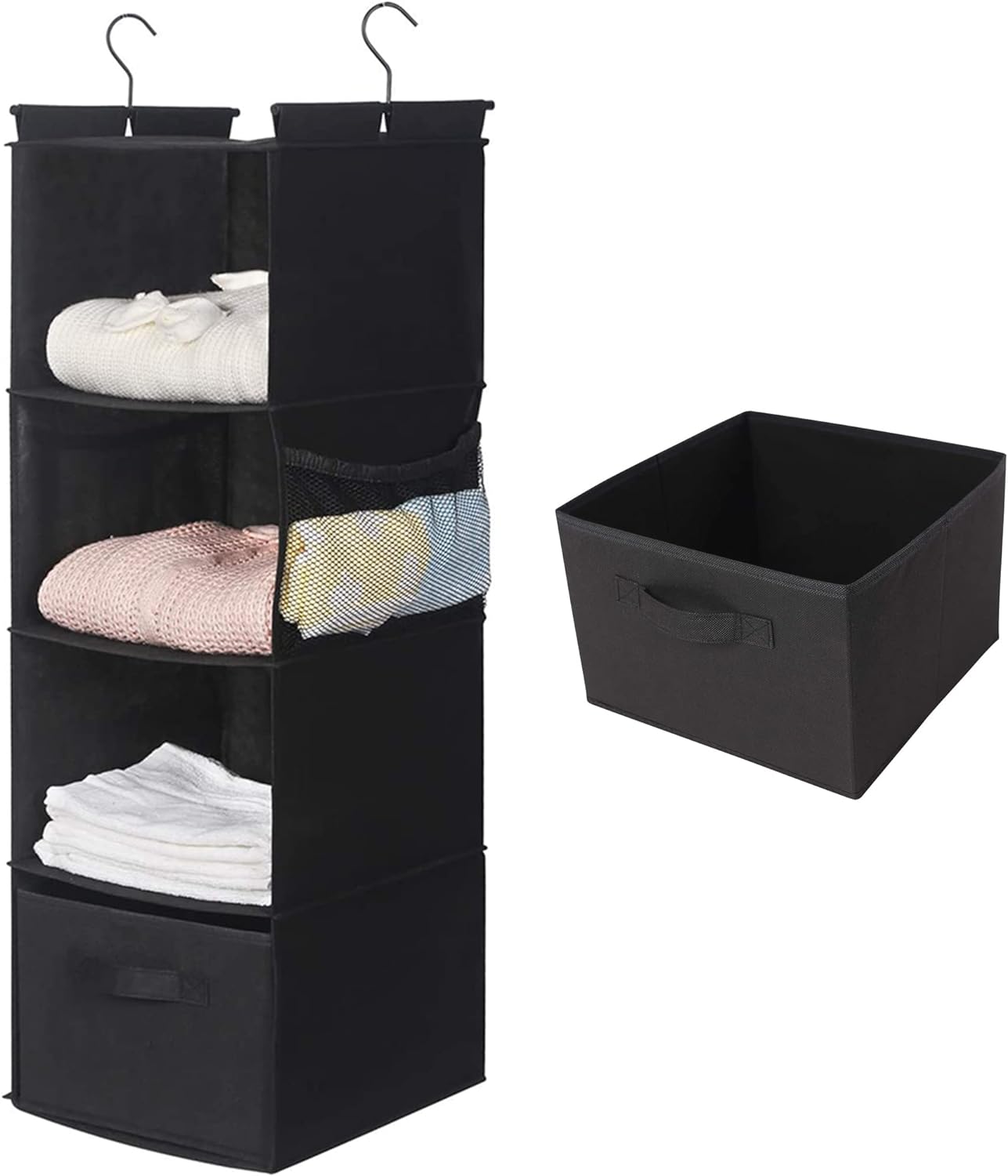 MAX Houser 4-Shelf Hanging Closet Organizer, Space Saver, Cloth Hanging Shelves with 2 Side Pockets, Foldable (Black)