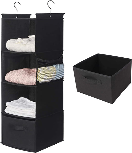 MAX Houser 4-Shelf Hanging Closet Organizer, Space Saver, Cloth Hanging Shelves with 2 Side Pockets, Foldable (Black)