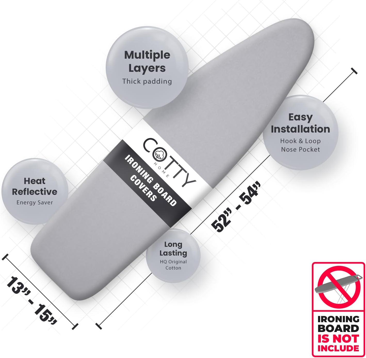 Extra Thick Ironing Board Covers with Pad Standard Size 15x54, Heat Reflective Full Scorch Resistant Padding, Snug Fit Non-Slip Nose Pocket Fastener Straps Elastic Edges, Gray