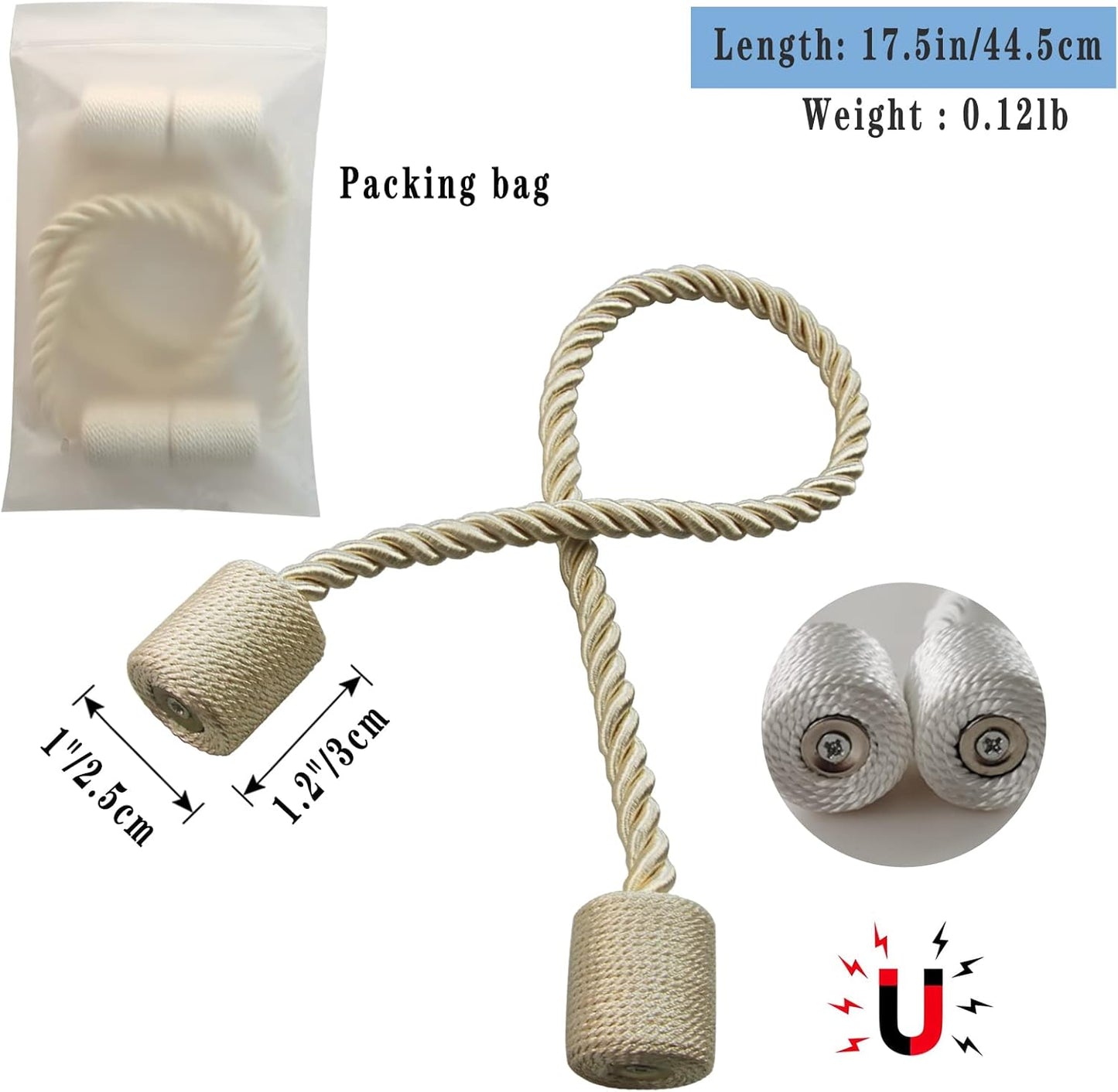 Magnetic Curtain Tiebacks 4 Pack Beige Curtain Rope Tieback Curtain Holders for Drapes Modern Tie Backs Decorative Curtain Holdbacks