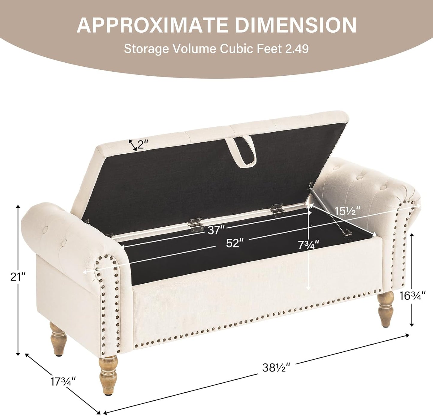 Furnimart Storage Bedroom Bench for End of Bed, Faux Linen Upholstered Storage Ottoman with Rolled Arms for Bedroom,Living Room, Entryway, 2.5Cubic Feet