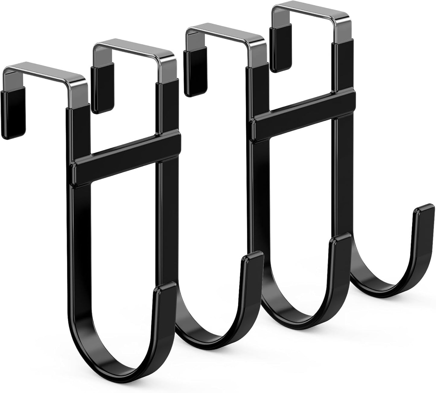 FYY Over The Door Hooks - 2 Pack Heavy Duty Dual-Hook Organizer Hanger with Non-Slip Rubber for Towels, Clothes, Hats & Bags Use in Bathroom, Bedroom, Kitchen - Fits Interior Doors Up to 1 3/8" Black