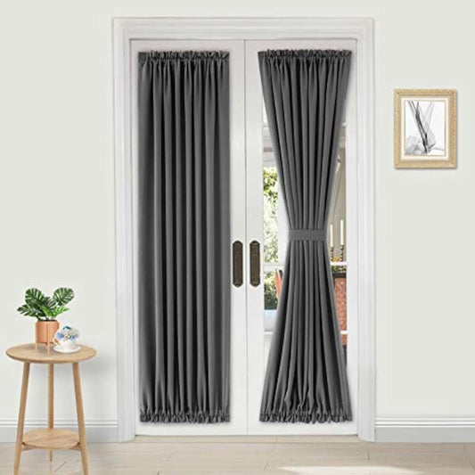 DWCN French Door Curtains – Rod Pocket Thermal Blackout Curtain for Doors with Glass Window, Kitchen and Patio Doors for Privacy, 25 X 80 Inches Long, 1 Curtain Panel with Tieback, Dark Grey