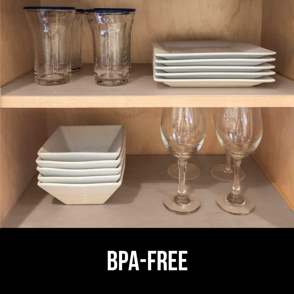 GORILLA GRIP DuraGuard Shelf Liner, Non-Adhesive Cabinet Liners for Kitchen Drawers, Shelves, Refrigerator, Pantry Storage, Bathroom Closet, Durable Waterproof BPA Free Ribbed Plastic, 20x10 Beige
