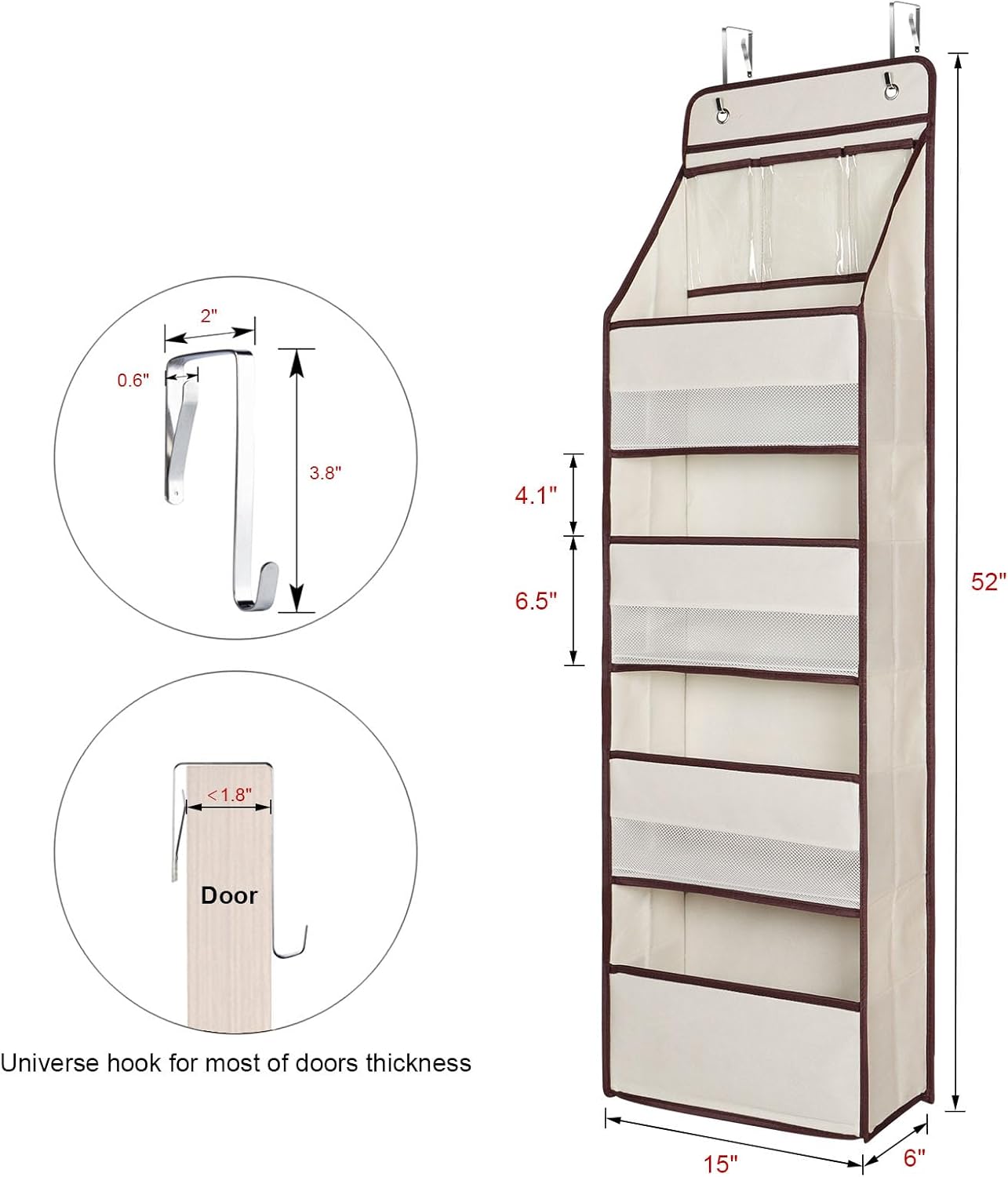 Univivi 5-Shelf Fabric Door Storage Over Door Hanging Organizer with 4 Large Pockets and 3 Small PVC Pockets Nursery Closet Cabinet Wall Mount Hanging Storage Organizers for Baby Nursery (Beige)