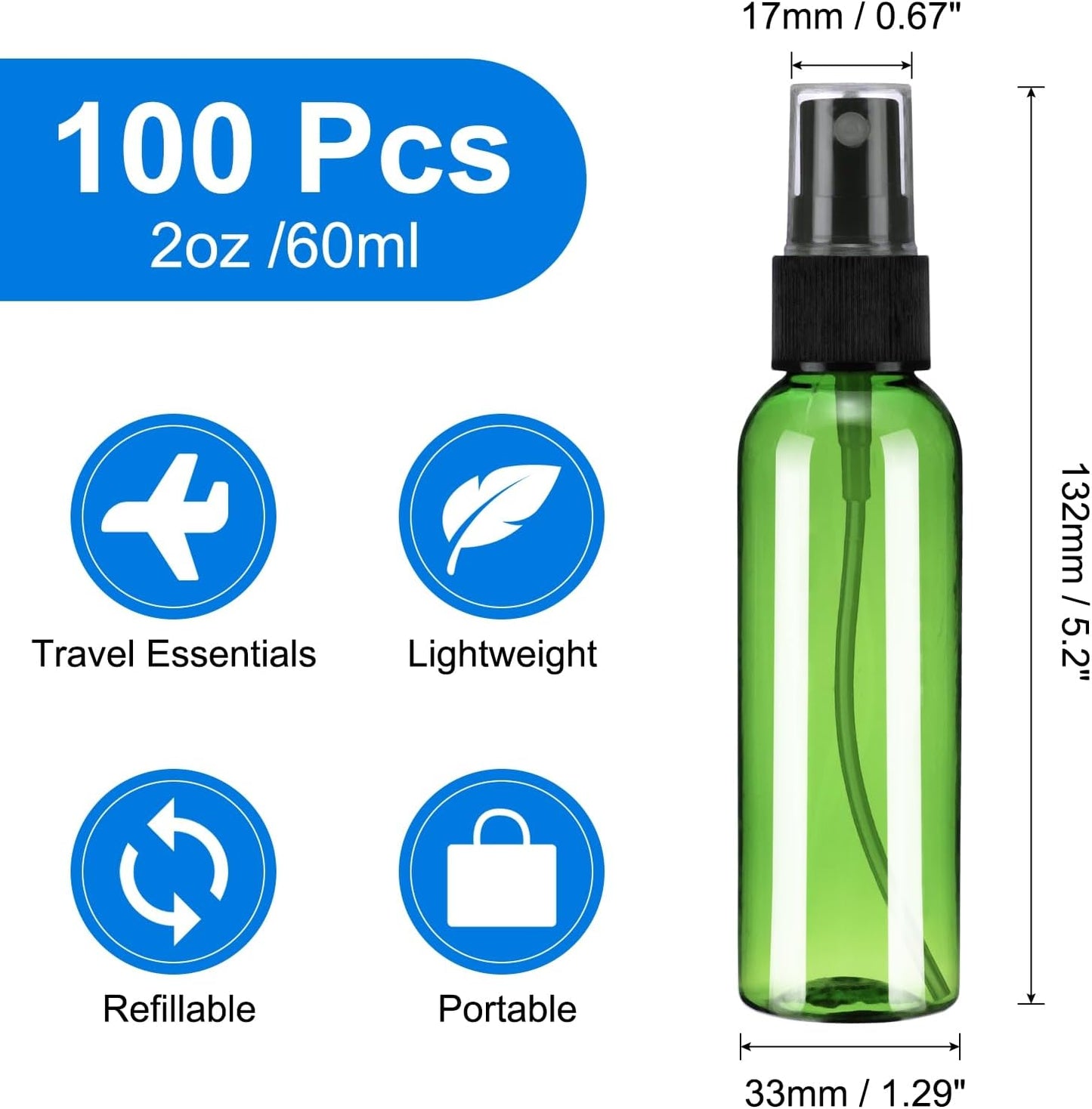 uxcell 100Pack Spray Bottles, 2Oz/60ML Reusable Clear Empty Mist Plastic Mini Travel Bottle Set,Small Refillable Liquid Containers for Household Use, Essential Oil, Cleaning (Green Black)