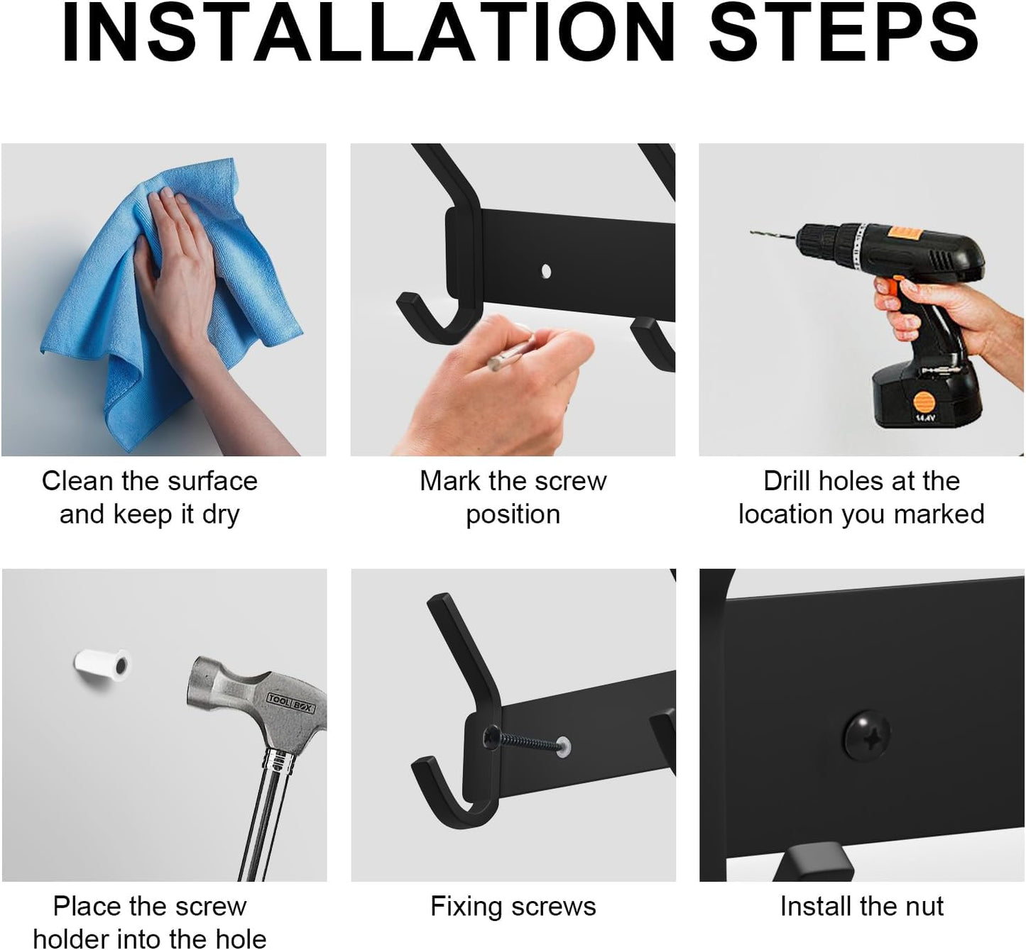 VAEHOLD Wall Hooks for Hanging, Black Coat Rack Wall Mount with 6 Coat Hooks, Towel Hanger, Hat Hooks, Robes Hook in Bathroom, Bedroom, Kitchen, Living Room (1PACK)