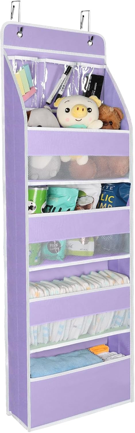 Univivi 5-Shelf Fabric Door Storage Over Door Hanging Organizer with 4 Large Pockets and 3 Small PVC Pockets Nursery Closet Cabinet Wall Mount Hanging Storage Organizers for Baby Nursery (Purple)