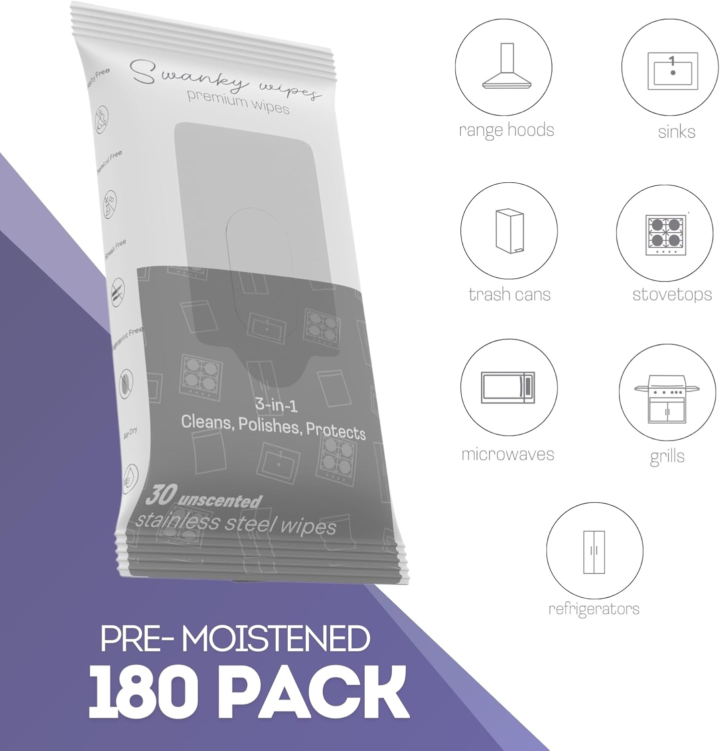 Swanky Stainless Steel Cleaner Wipes - Grime & Grease Remover Kitchen Cleaning Supplies - Clean & Shine, For Stove Top, Refrigerator, Sink, Oven, & Household Appliances - Soft Wipes, 180 Count