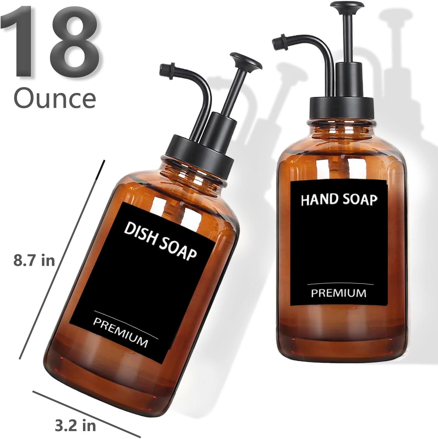 Amber 18 Oz Dish Soap Dispenser for Kitchen, Ultra-Thick Glass Soap Dispenser Set with Tray, Pump, Funnel for Bathroom, Liquid, Lotion, Shower, Laundry, (2 Pack with 12 Stickers)