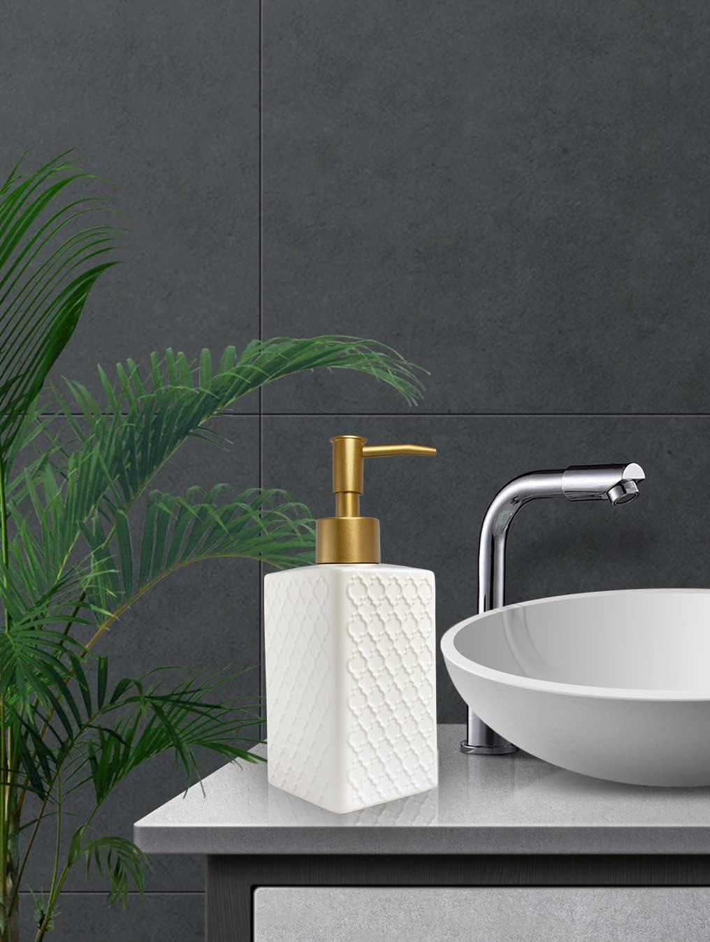 Gold Soap Dispenser for Bathroom,Retro White Square Lotion Dispenser, Refillable Countertop Ceramic Hand Soap Dispenser,Dish Soap Dispenser for Kitchen 350ml(Relief White Square Bottle)