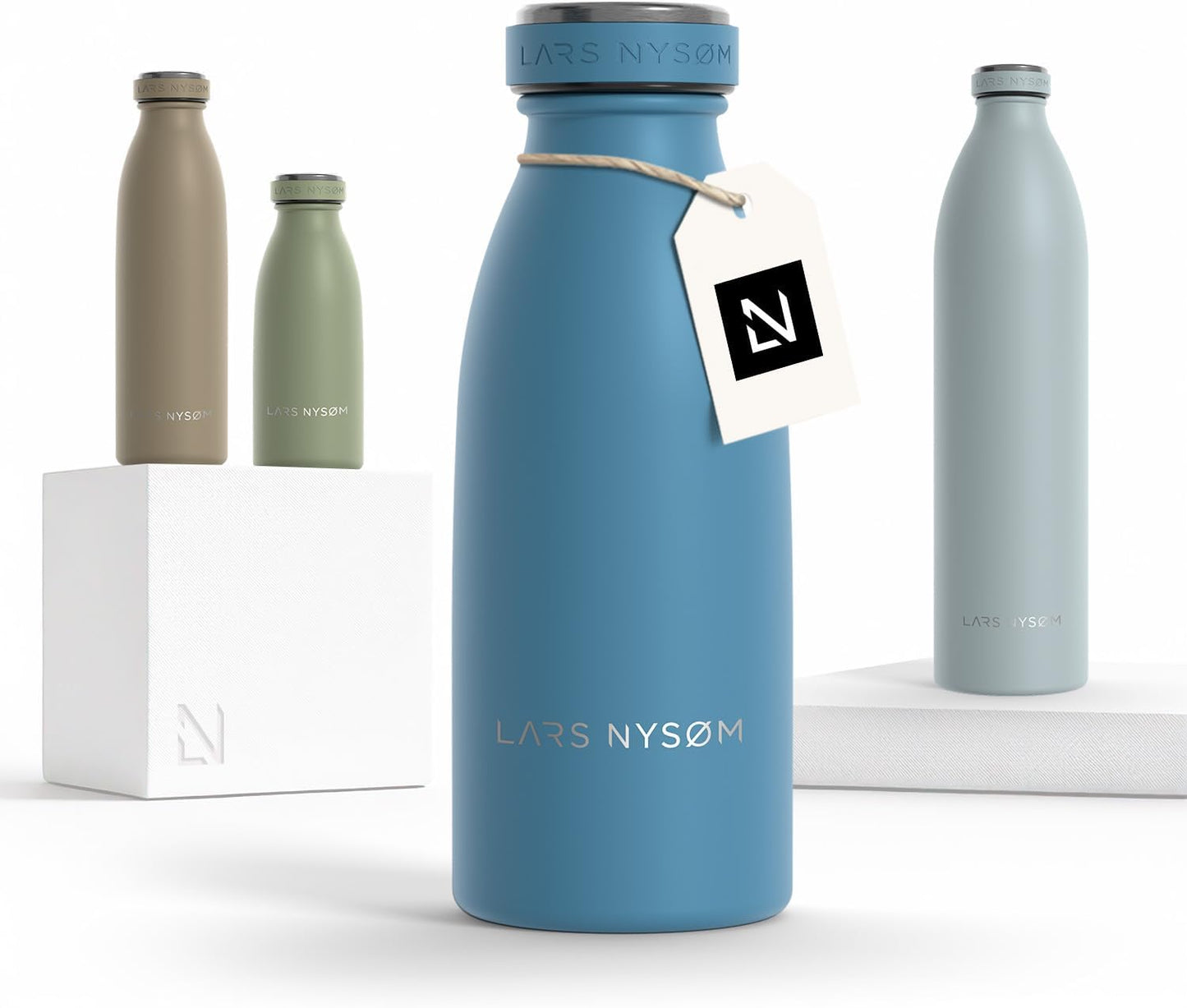 LARS NYSØM Stainless Steel Insulated Water Bottle 12oz 17oz 25oz 34oz 51oz | Insulated Thermo Flask for Hot and Cold Beverages | Leakproof Drinking Bottle (Calypso Blue, 11.9oz)
