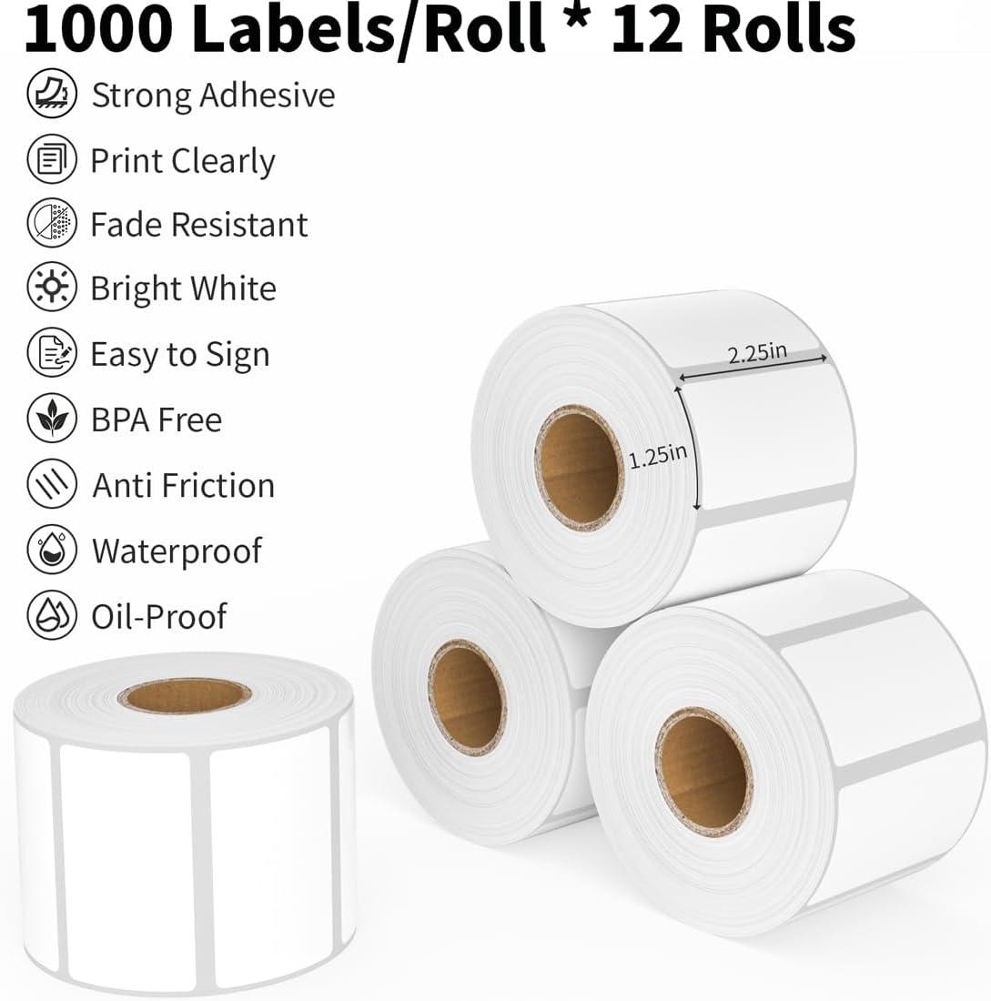 Thermal Labels 2.25 x 1.25, Adhesive Label Stickers 12 Rolls 12000 Label Papers for Barcode, FNSKU, Mailing, Shipping, Compatible with Zebra, Rollo and More Thermal Printers
