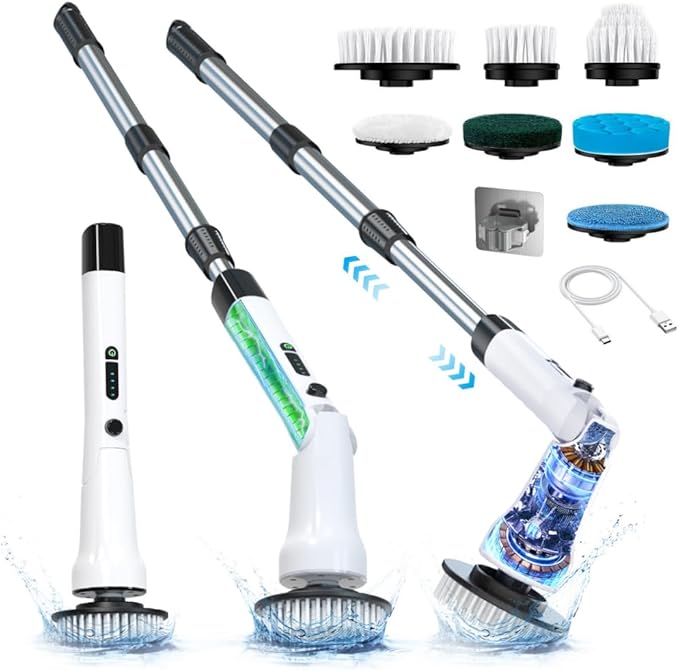 Electric Spin Scrubber, Hillyfe Bath Scrubber for Cleaning with 7 Replaceable Brush Heads, IPX7 Waterproof,300/400 RPM, 3 Adjustable Size,Cordless Shower Cleaner Brush for Bathroom Floor,White