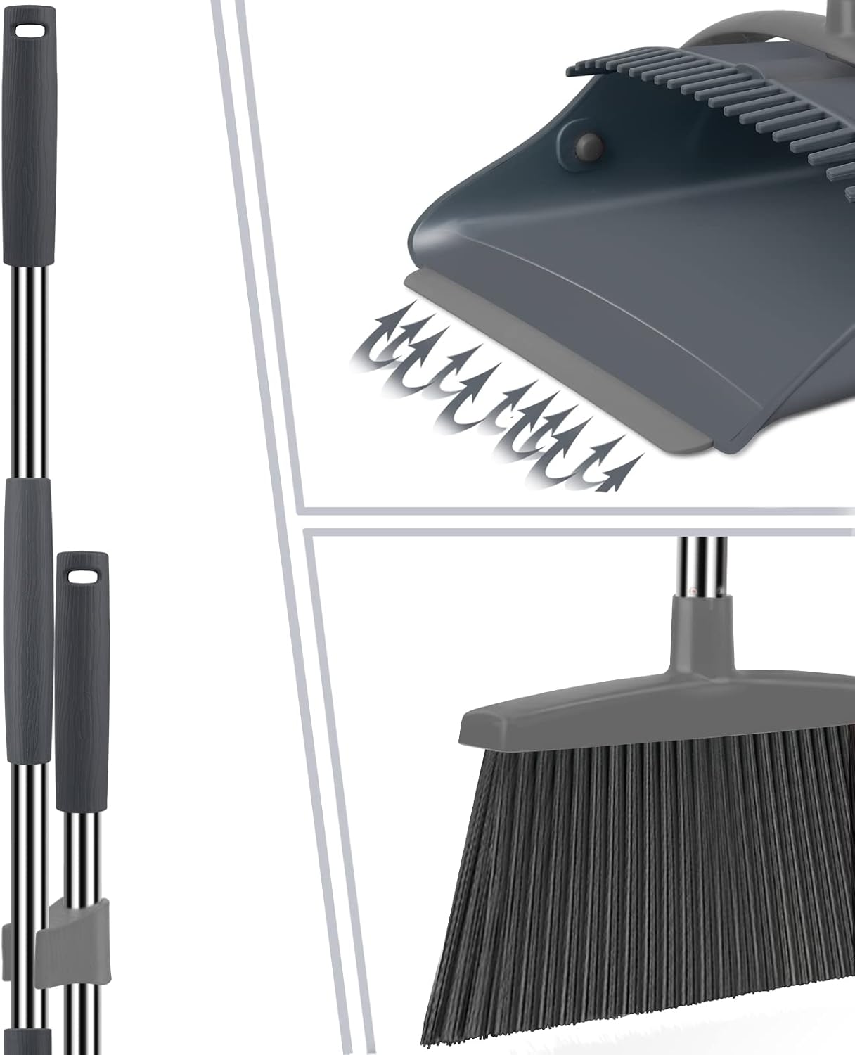 Broom and Dustpan Set, Dust pan with Long Handle, Broom with Dustpan Combo Set, Broom and Dustpan for Home, Indoor or Outdoor Cleaning Tool (Deep Gray&Light Gray)