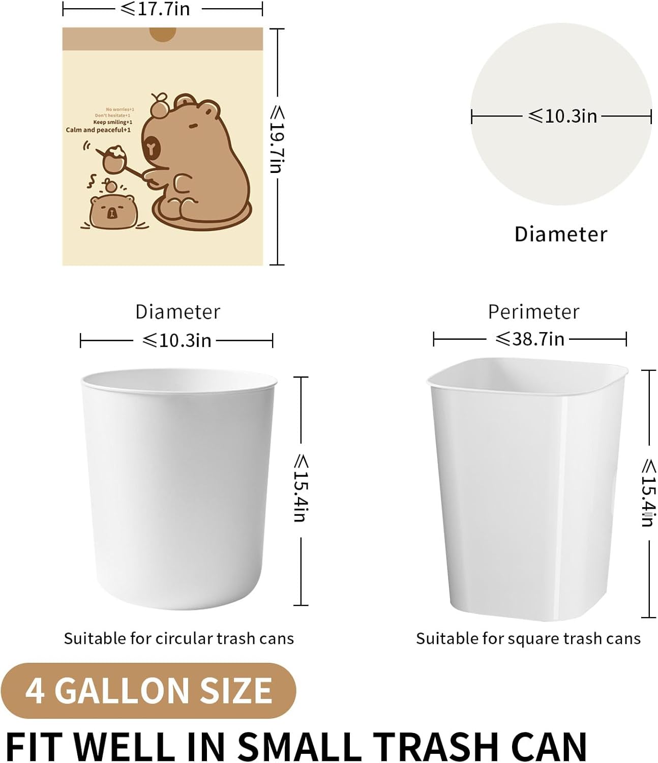 VOK 4 Gallon Trash Bags with Capybara Printed, Drawstring Small Garbage Bags, Tear-Resistant & Odor-Control Bathroom/Kitchen Trash Can Liners, Bathroom Trash Bags with Secure Tie, 50 Counts