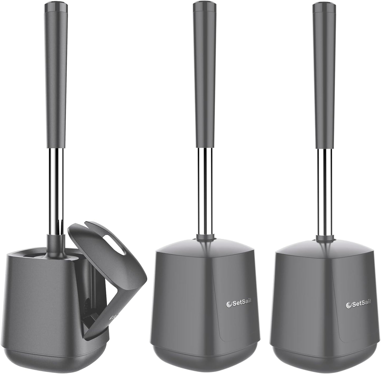 SetSail Toilet Brush and Holder 3 Pack, Self Closing Lid Toilet Bowl Brushes Holder Extra Long Handle Ventilated Toilet Brush Set for Bathroom Cleaning, Nylon Bristles, Grey