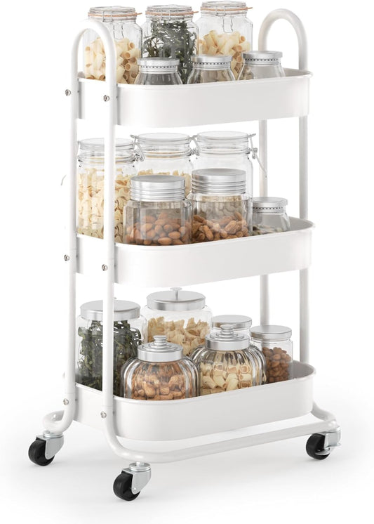 EAGMAK 3 Tier Rolling Cart, Round Metal Utility Cart with Lockable Wheels, Storage Cart Organizer Trolley with Mesh Shelves for Living Room, Kitchen, Bedroom, Office(White)
