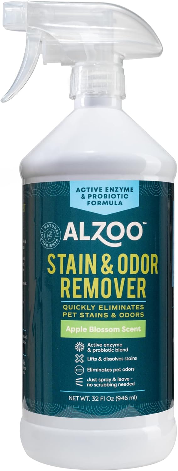 ALZOO Stain & Odor Remover, Quickly Lifts & Dissolves Pet Stains & Helps Eliminate Odors, 100% Plant-Based Active Ingredients, Apple Blossom Scent, 32 Fl. Oz Spray Bottle