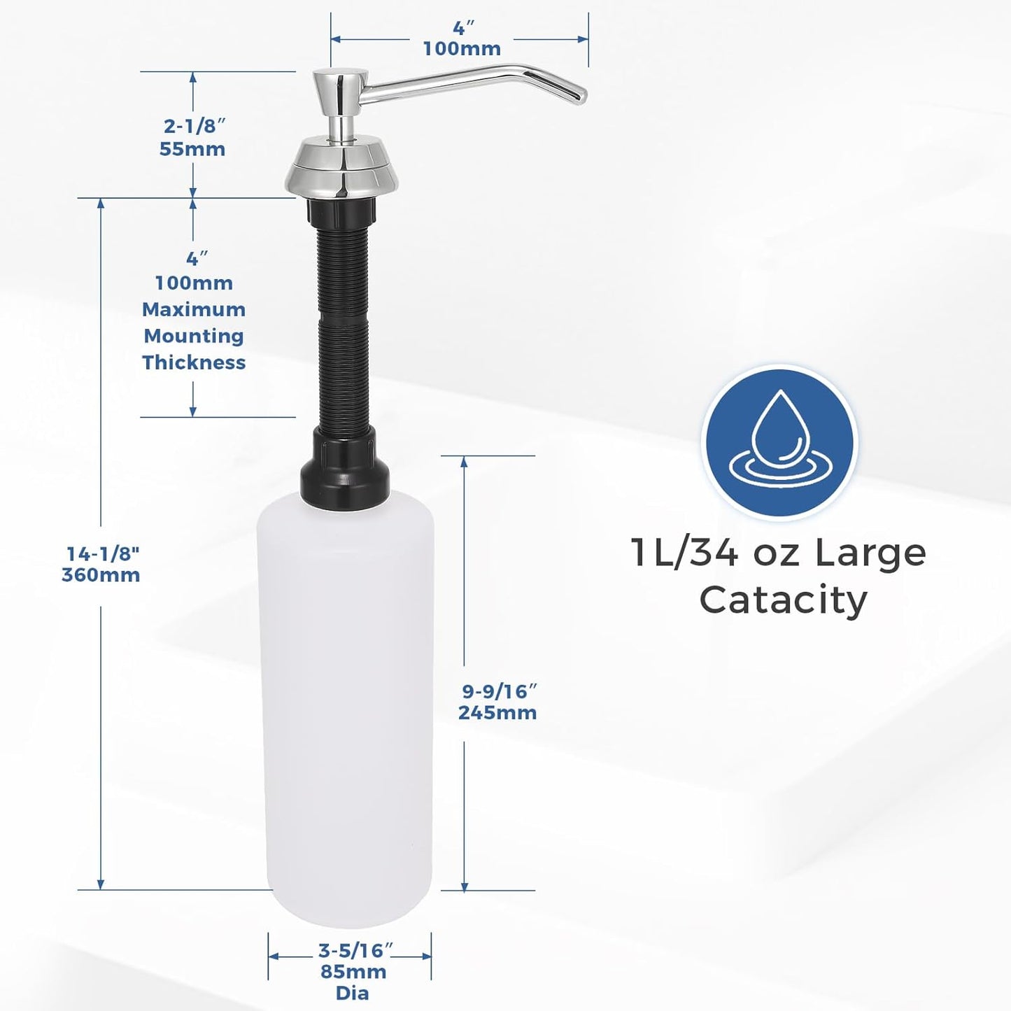 Heavy Duty Brass Countertop Liquid Soap Dispenser, Commercial Grade Top Fill Built-in Soap Dispenser with 34 oz/ 1L Bottle for Bathroom, Kitchen, Public Restroom, Chrome Finish, 4” Spout