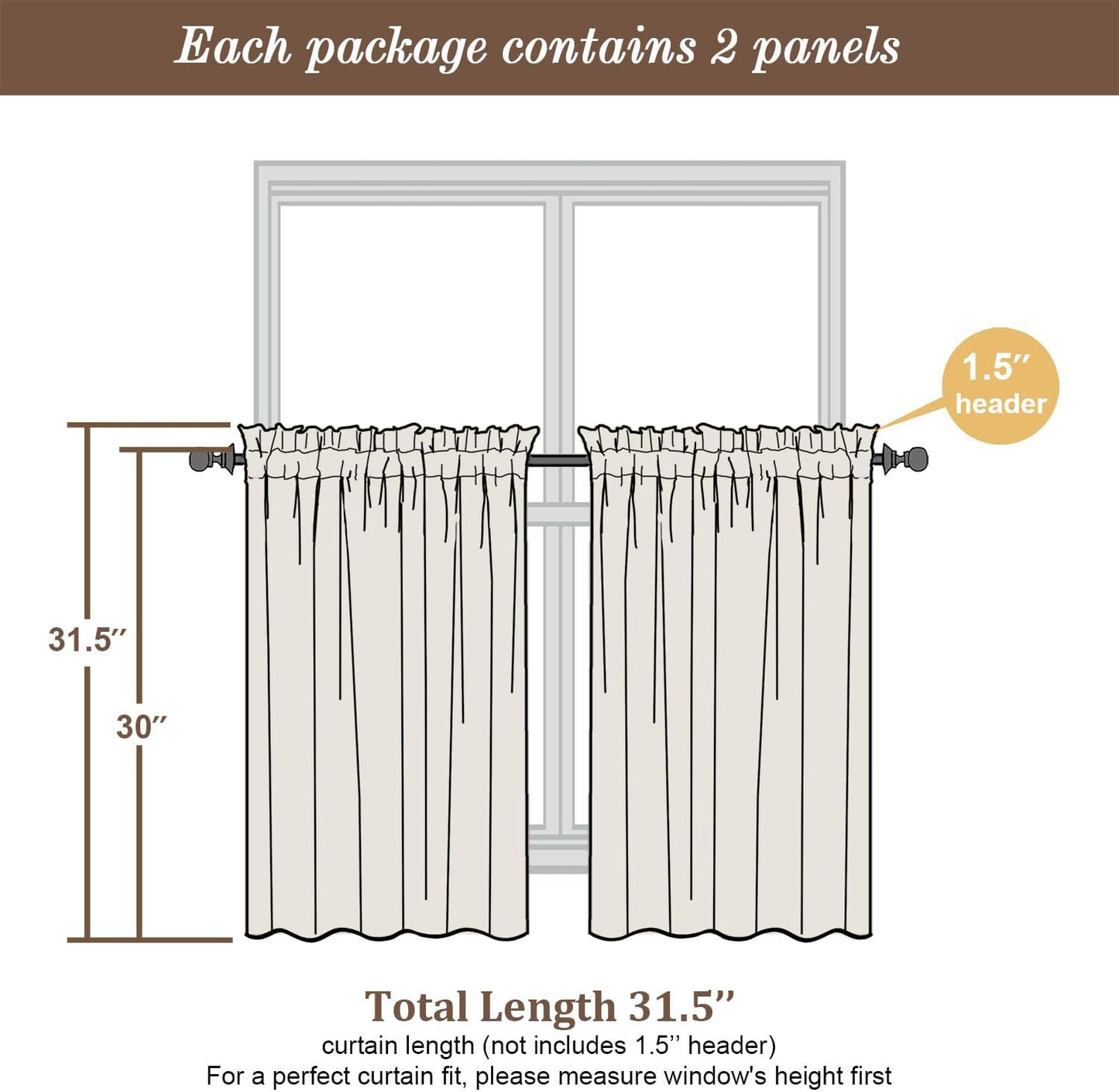 Chyhomenyc Taupe Sheer Curtains 30 inch Length 2 Panels, Light Filtering Voile Rod Pocket Short Window Curtians for Bathroom Living Room Farmhouse Small Windows, 42Wx30L inches
