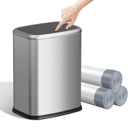 2.1 Gallon Bathroom Trash Can with Lid Press Top, 8 Liter Stainless Steel Garbage Can with Press Type Lid, Slim Trash Bin Waste Basket for Toilet, Office, Bedroom, Living Room (Silver)