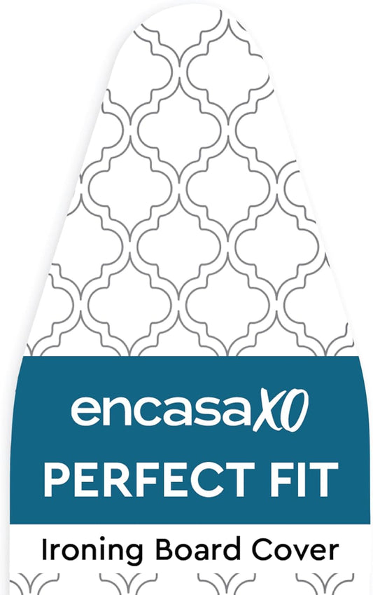 Encasa XO Ironing Board Cover and Pad 42"x14" - Thick 3mm Felt Padding, Drawstring Tightening & Lock, Easy Fit, Scorch & Stain Resistant, Fits Medium Ironing Board - White Tiles