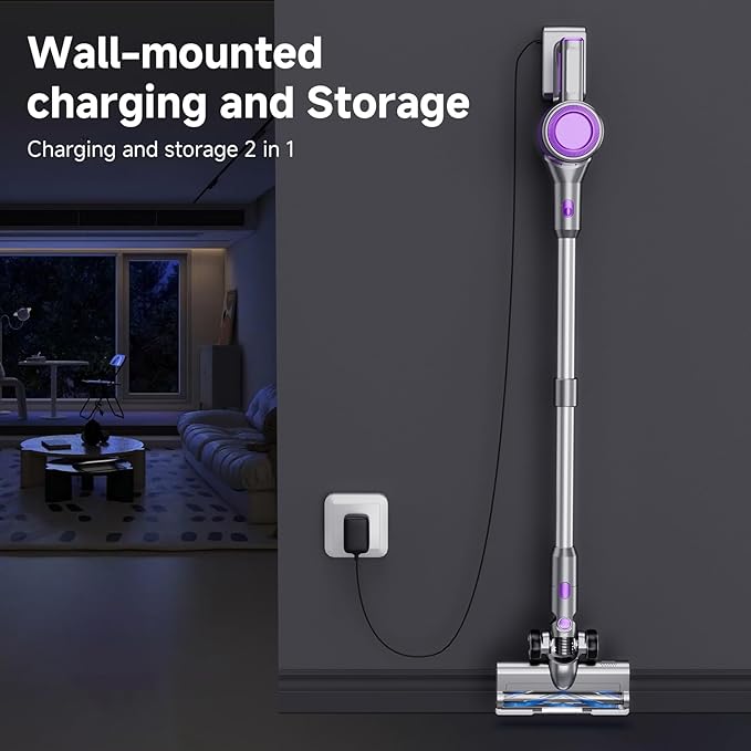 Cordless Vacuum Cleaner, 38Kpa Powerful Stick Vacuum Cleaner with 45mins Rechargeable Battery, LED Anti-Tangle Brush, 8-in-1 Handheld Vacuum Cleaners for Home/Pet Hair/Carpets/Floors, Purple