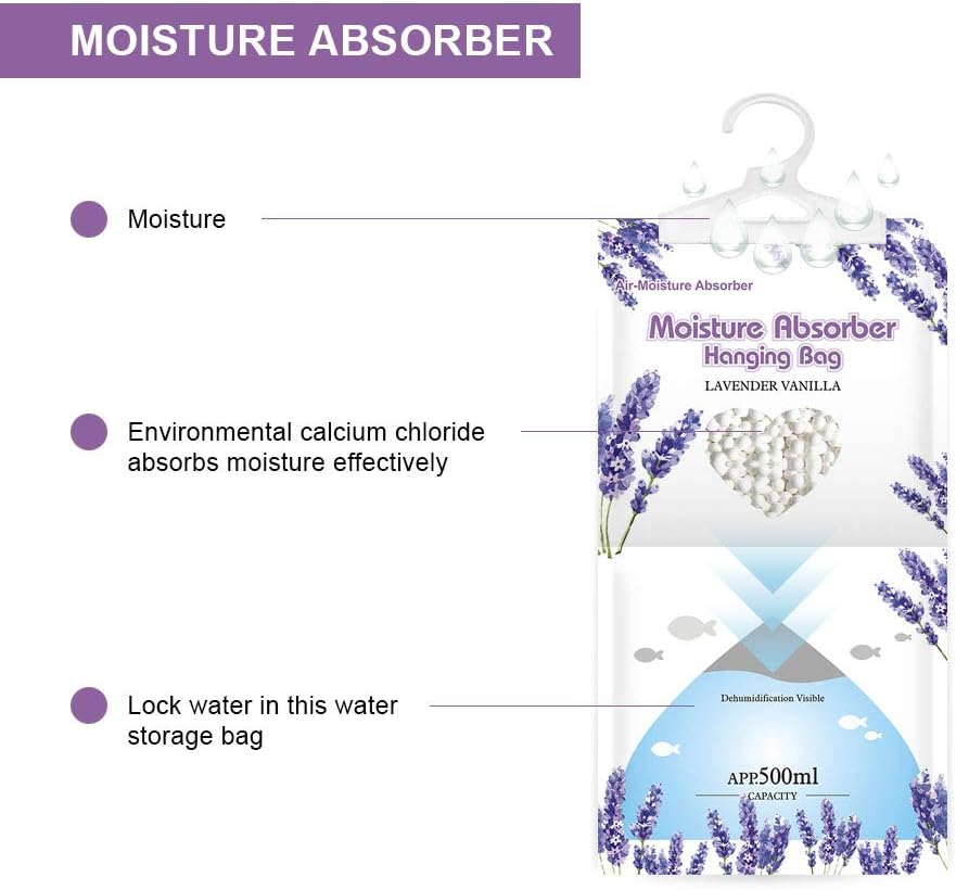 CANAGER Hanging Moisture Absorber, Lavender Vanilla Moistureproof Hanging Bag，Dehumidifier Bag (8 packs) Hanging Closet Dehumidifier Bags, Moisture Absorb 12.5 oz