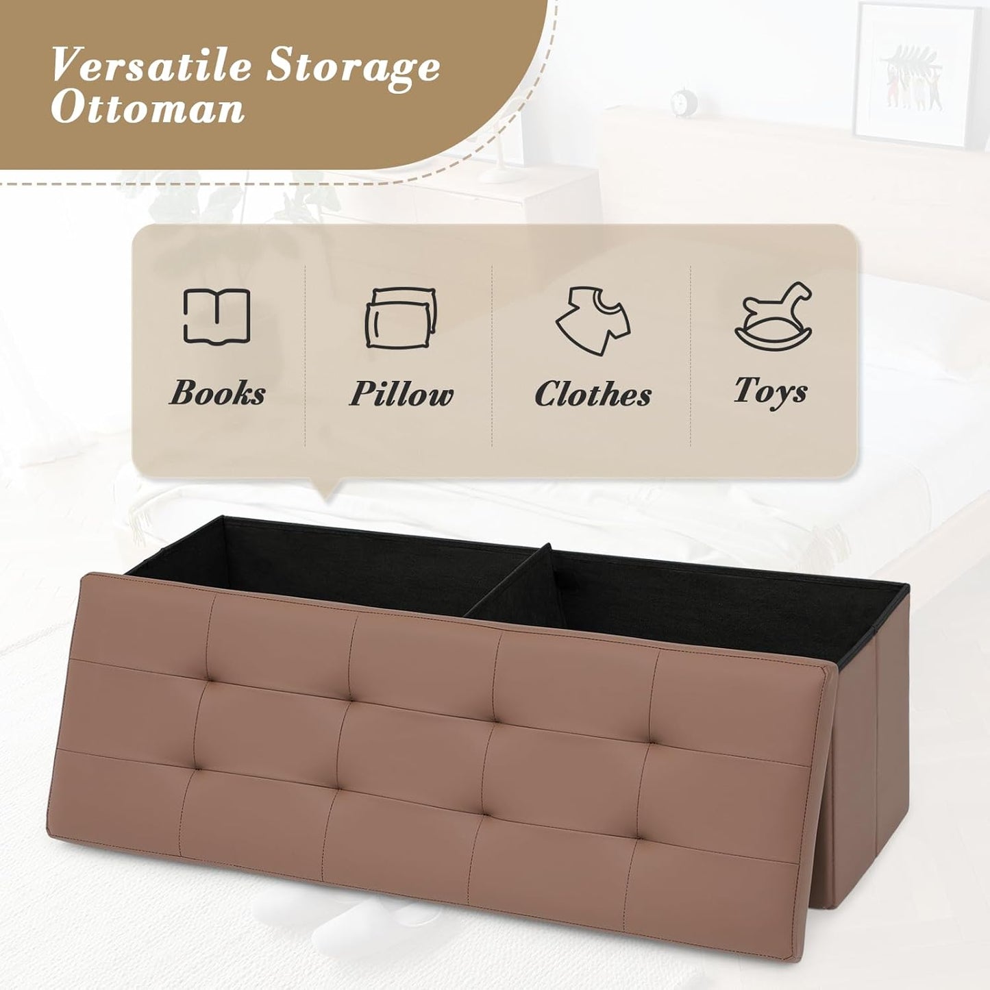 Athena Collection 43" Storage Ottoman Bench Folding Bench with 130L Hidden Storage, Large End of Bed Bench PU Leather Foot Rest Stool Chest with Flipping Lid for Living Room, Bedroom, Entryway, Brown