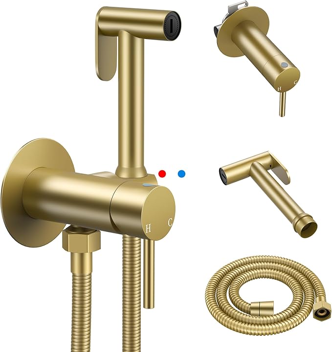 Arofa Built-in Hot and Cold Handheld Bidet Sprayer for Toilet, Gold Warm Water Bidet with Adjustable Water Flow, Dual Control Mode Muslim Shower with Spray Hose for Feminine Wash, Wall Mounted
