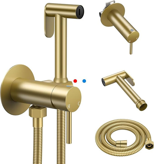 Arofa Built-in Hot and Cold Handheld Bidet Sprayer for Toilet, Gold Warm Water Bidet with Adjustable Water Flow, Dual Control Mode Muslim Shower with Spray Hose for Feminine Wash, Wall Mounted