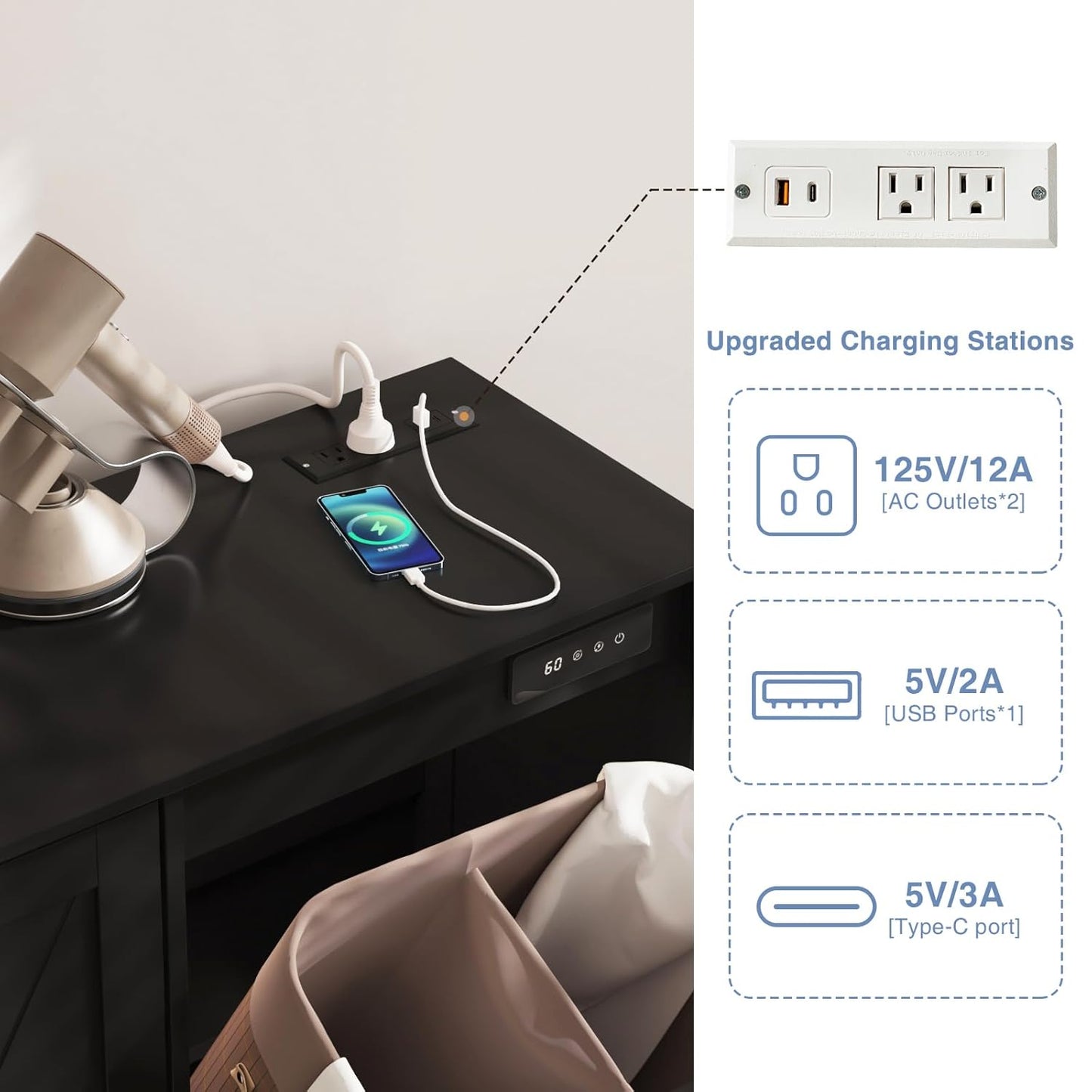 Double Tilt Out Trash Can Cabinet, 10 * 2 Gallon Garbage Trash Bin with Charging Station and Deodorizing Function, Dog-Proof Storage Cabinet for Hidden Bathroom Laundry Hamper, Black